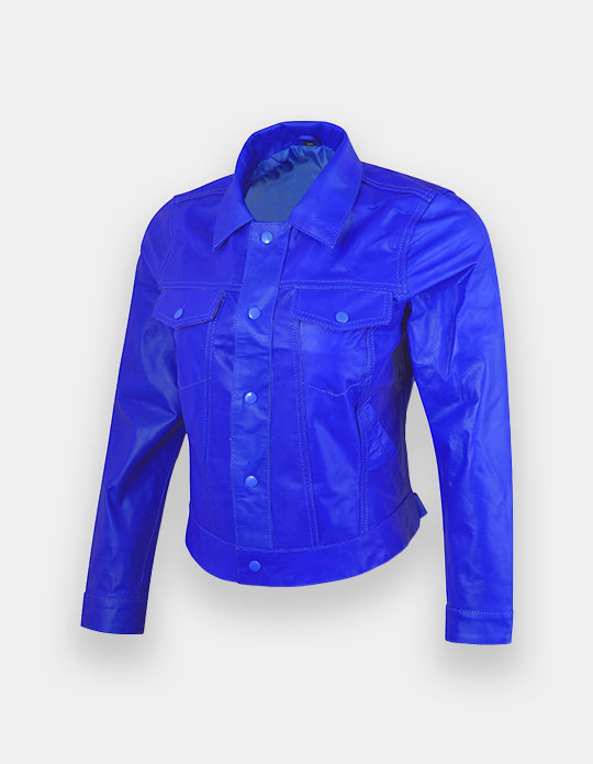 Women's Black Leather Trucker Jacket Classic Western Casual Denim Jeans Jacket, Chaqueta de cuero estilo camionero.